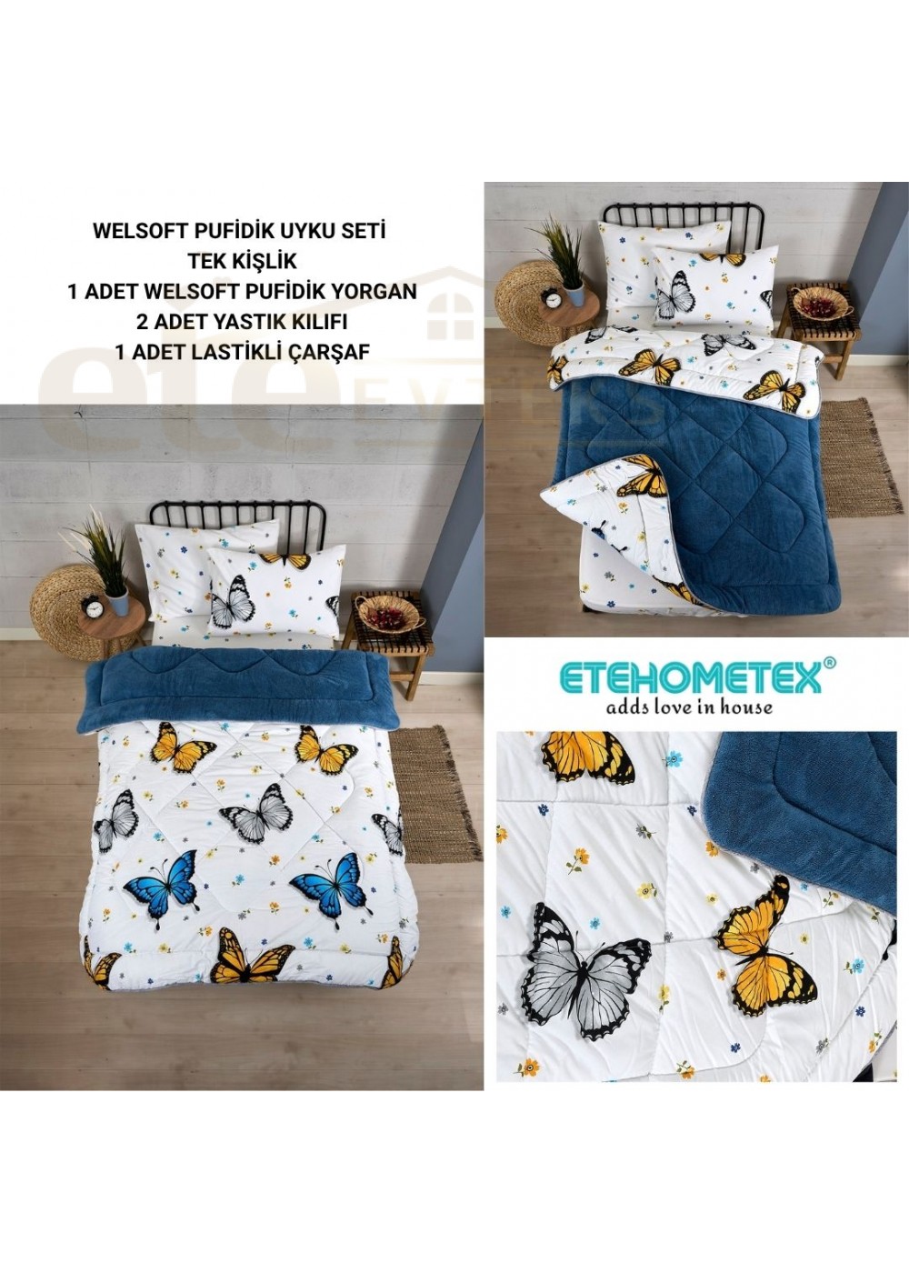ETE HOMETEX TEK KİŞİLİK WELSOFT UYKU SETİ KELEBEK İNDİGO 8696474232013